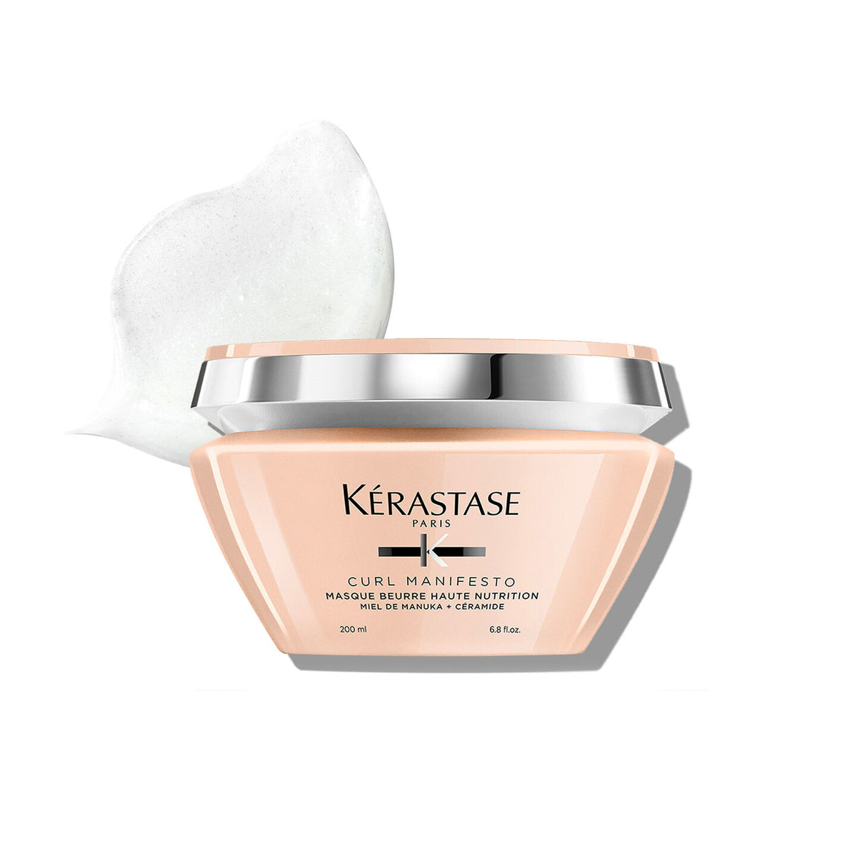 Kerastase Curl Manifesto hair mask jar, peach cream container with silver lid